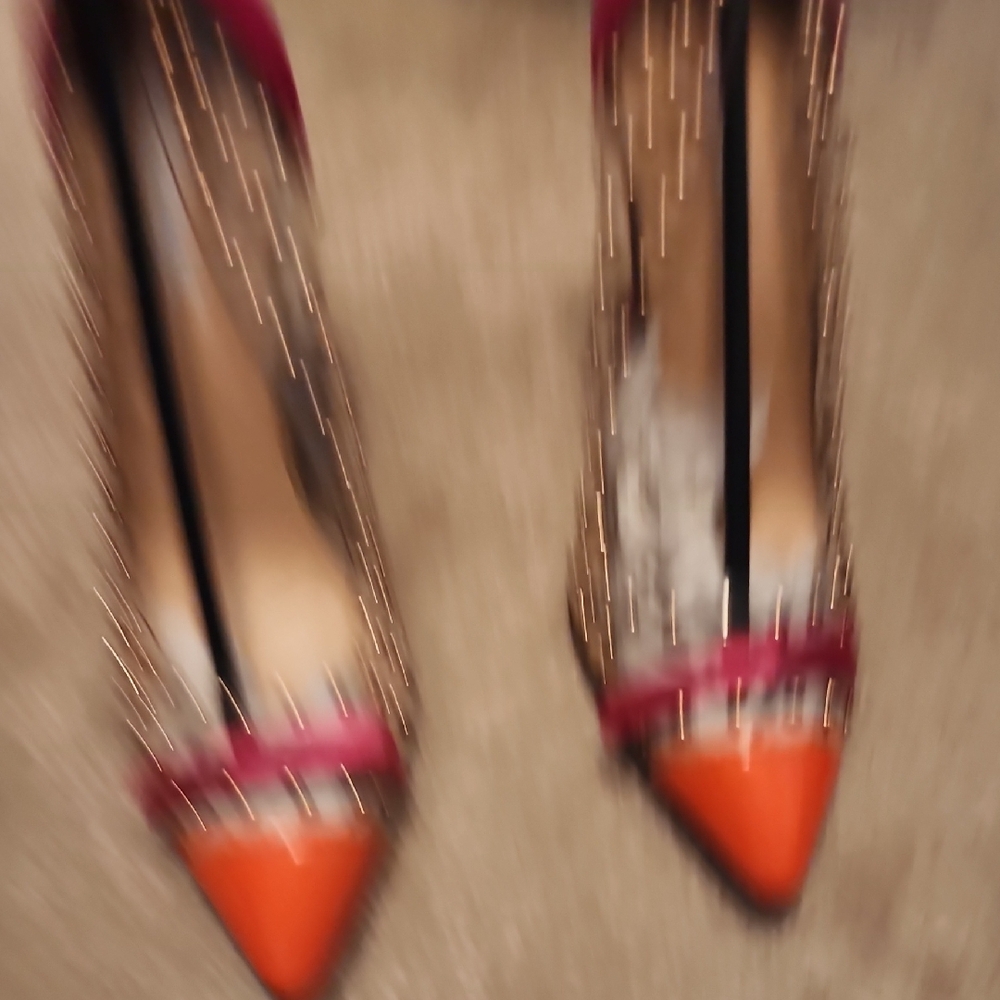 Pink and Orange Studded Heels with Transparent Design - Picture 4 of 5